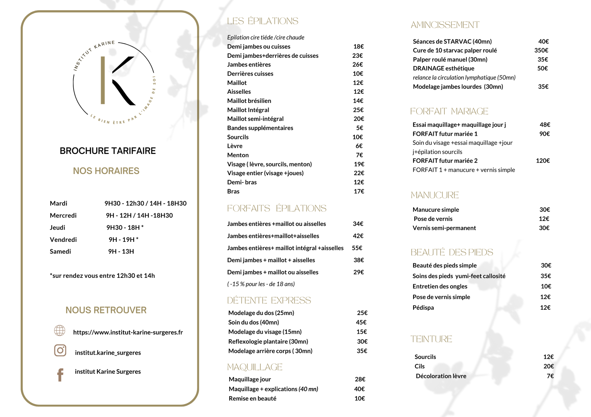 Brochure tarifaire pour adultes