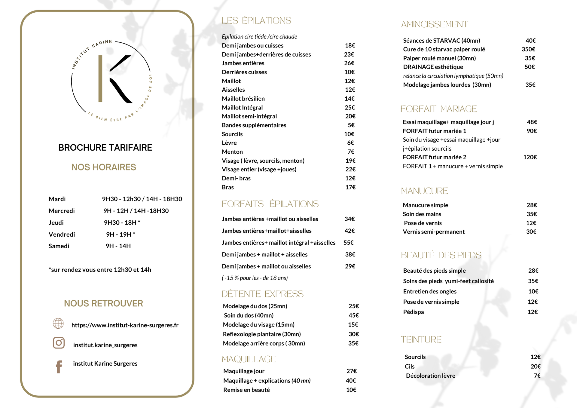Brochure tarifaire pour adultes