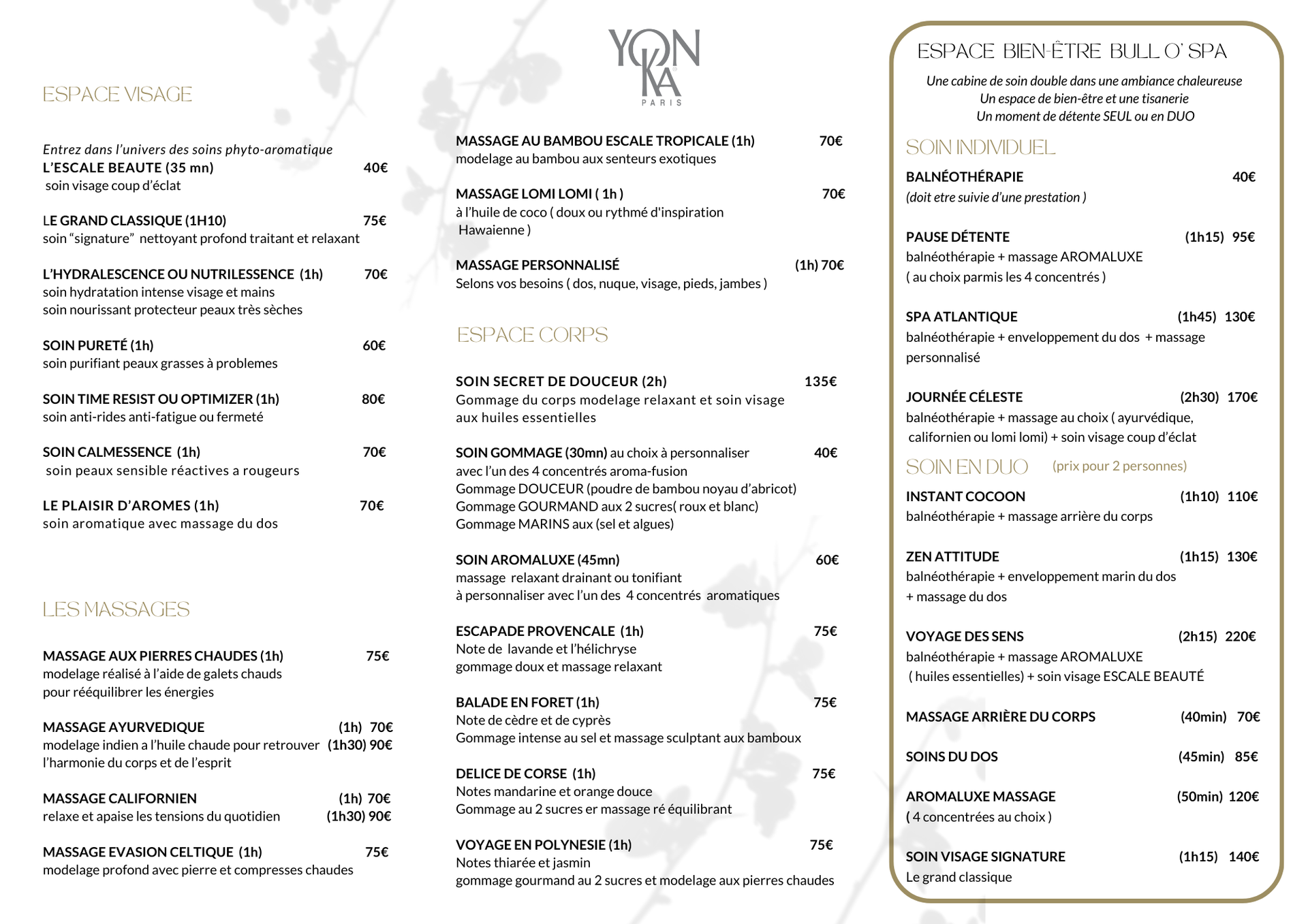 Brochure tarifaire bien-être