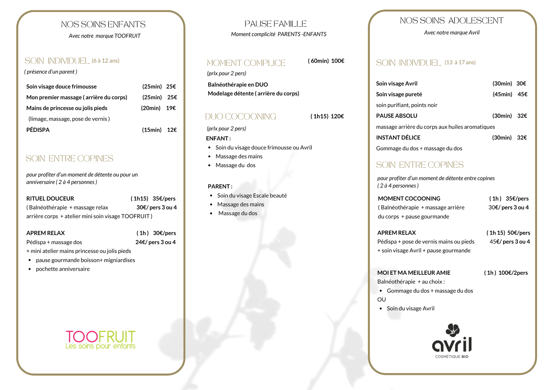 Brochure tarifaire pour enfants