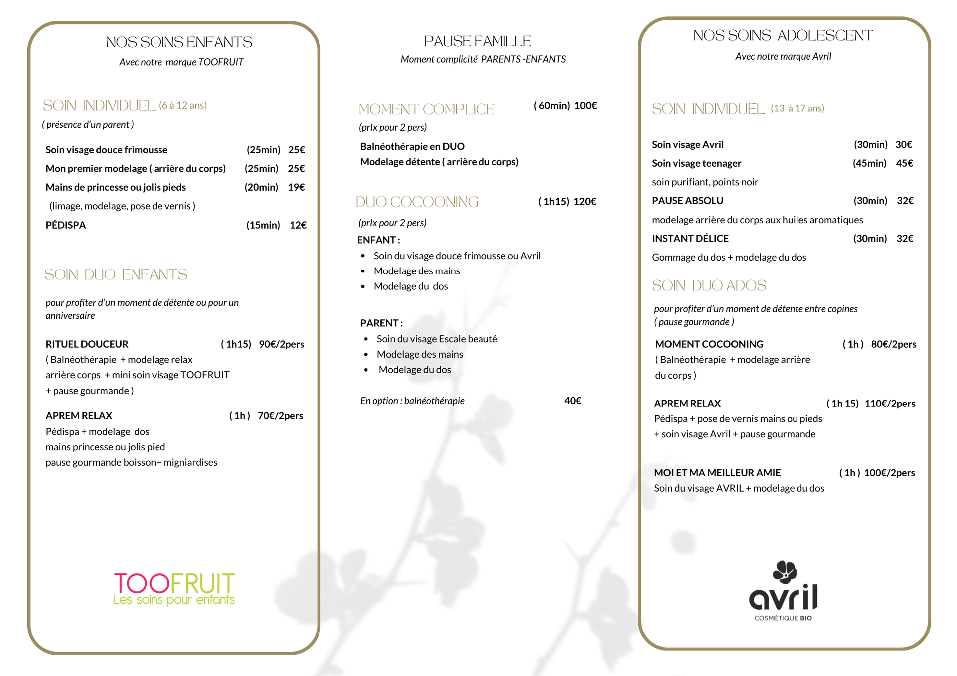 Brochure tarifaire pour enfants