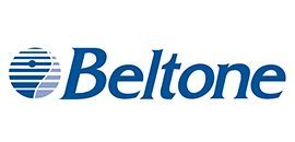 El logotipo de Beltone es azul y blanco con un círculo en el medio.