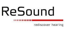 El logotipo de Resound es negro y rojo y dice 