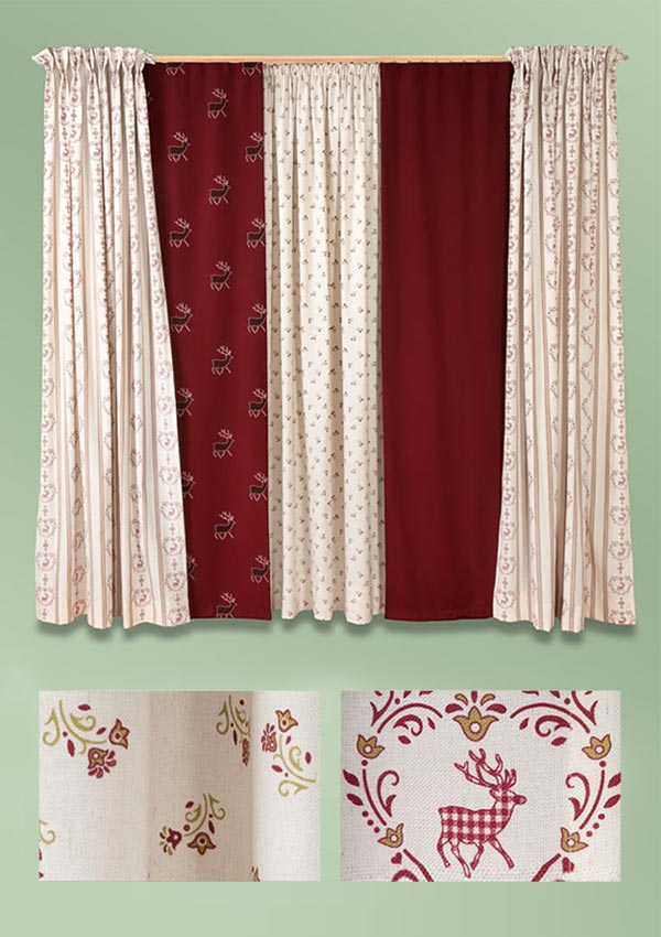 Drei verschiedene Arten von Vorhängen hängen an einer grünen Wand