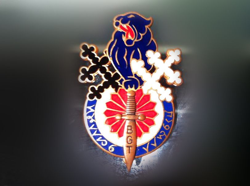 Un insigne en métal représente un lion bleu au-dessus d'un soleil rouge rayonnant et d'une épée portant l'inscription « BGT », flanquée de croix noires et blanches.
