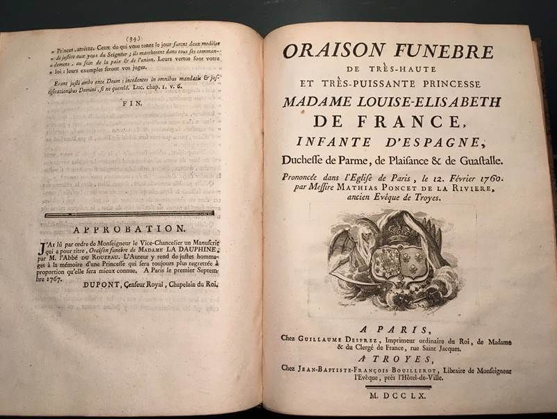 Un livre ouvert du XVIIIe siècle avec une page de titre d'oraison funèbre française pour Louise-Élisabeth de France, datée de 1760.