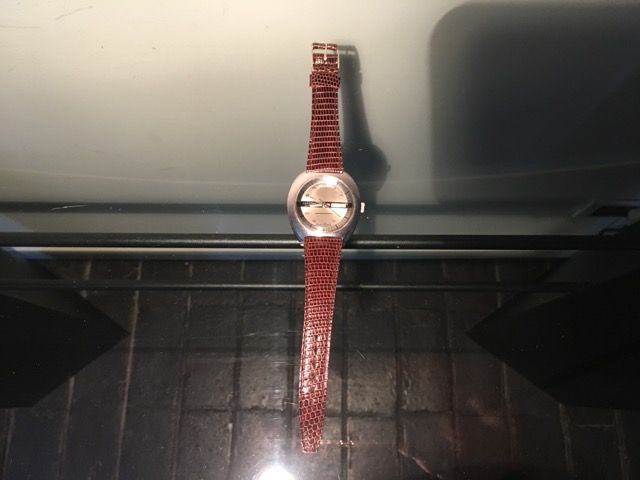 Une montre argentée avec un bracelet en cuir texturé brun rougeâtre, centrée verticalement sur une surface sombre et réfléchissante.