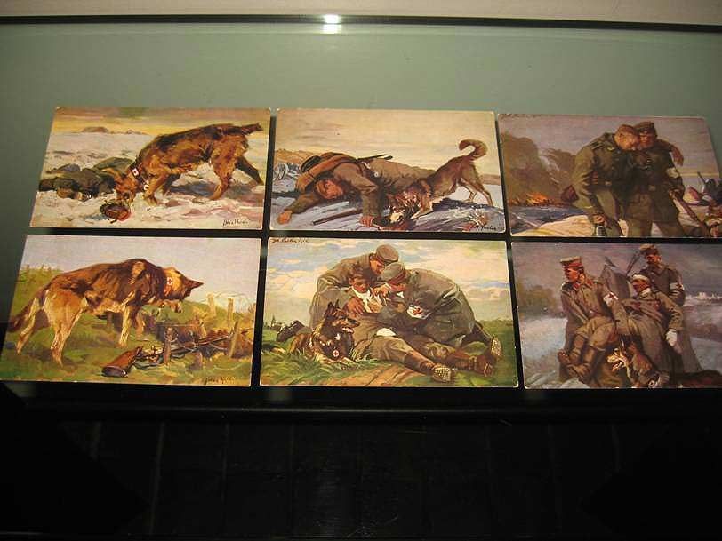 Six tableaux représentent des soldats allemands et des chiens militaires dans des scènes de champ de bataille, illustrant les opérations de sauvetage, l'aide et le soutien en temps de guerre.