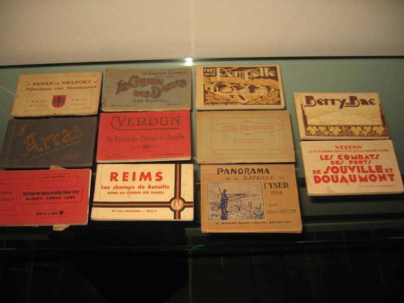 Une collection de livrets souvenirs anciens sur les champs de bataille de la Première Guerre mondiale et les villes françaises, disposés sur une étagère en verre.