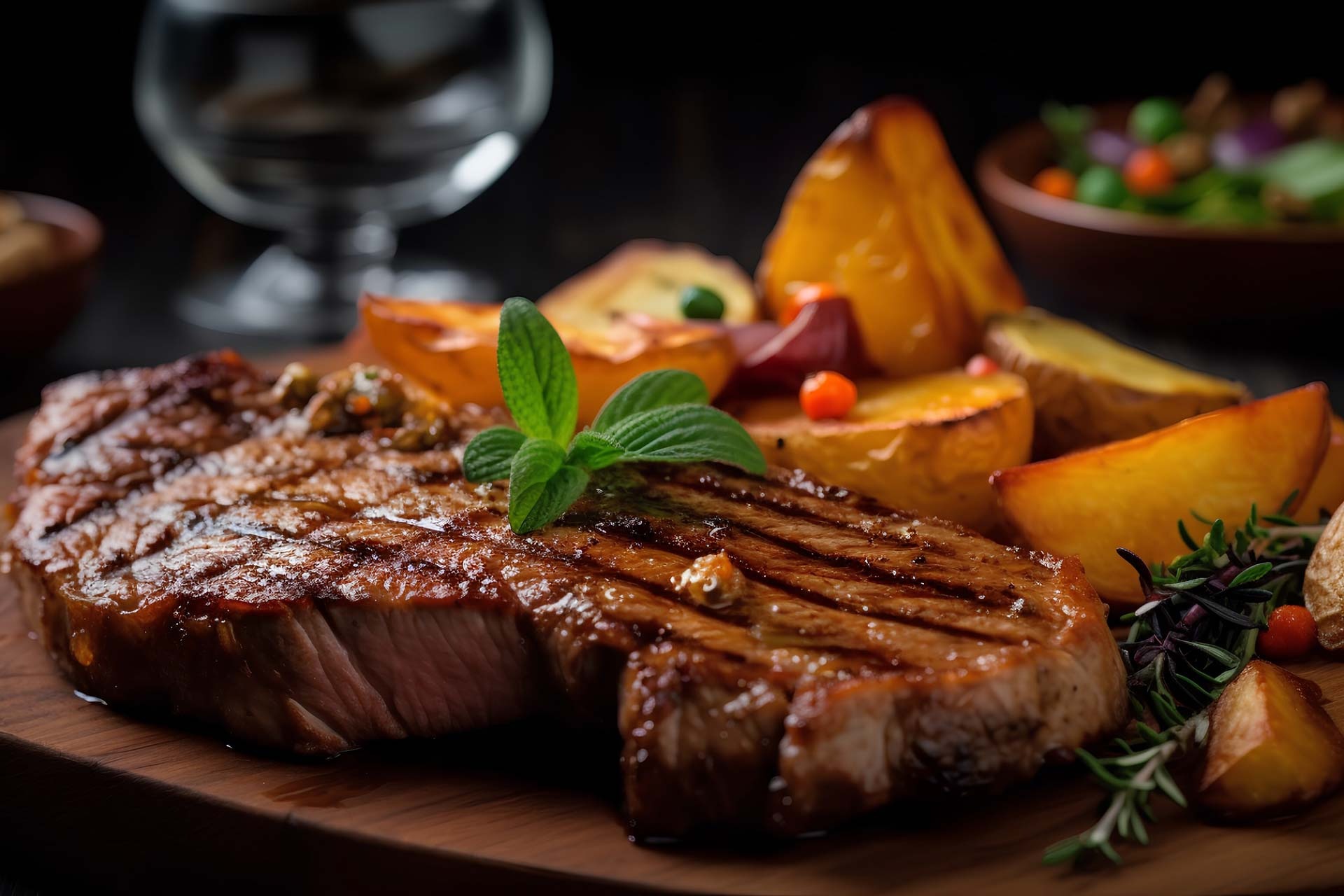 Un filete y patatas están en una tabla de cortar de madera.