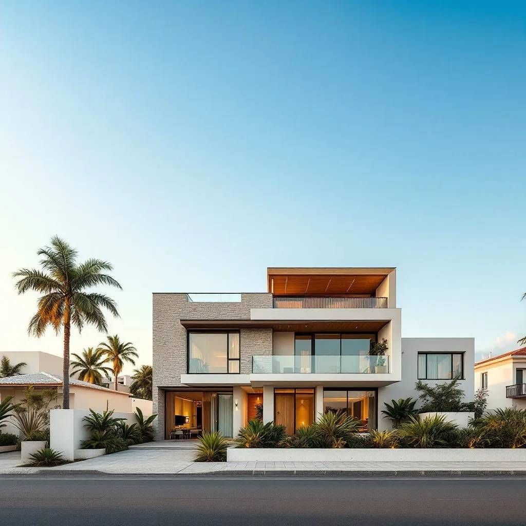 Modern two-story house featuring large windows and a balcony, set against a clear blue sky with palm trees.