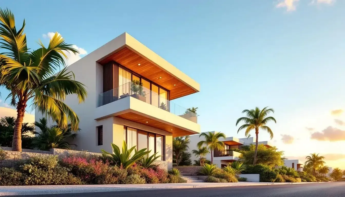 Casa branca moderna de dois andares com grandes janelas, beiral de madeira e palmeiras contra um céu azul.