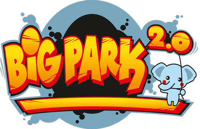 Un logotipo para Big Park 2.0 con un elefante sosteniendo un globo.