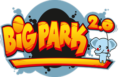 Un logotipo para Big Park 2.0 con un elefante sosteniendo un globo.