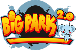 Un logotipo para Big Park 2.0 con un elefante sosteniendo un globo.