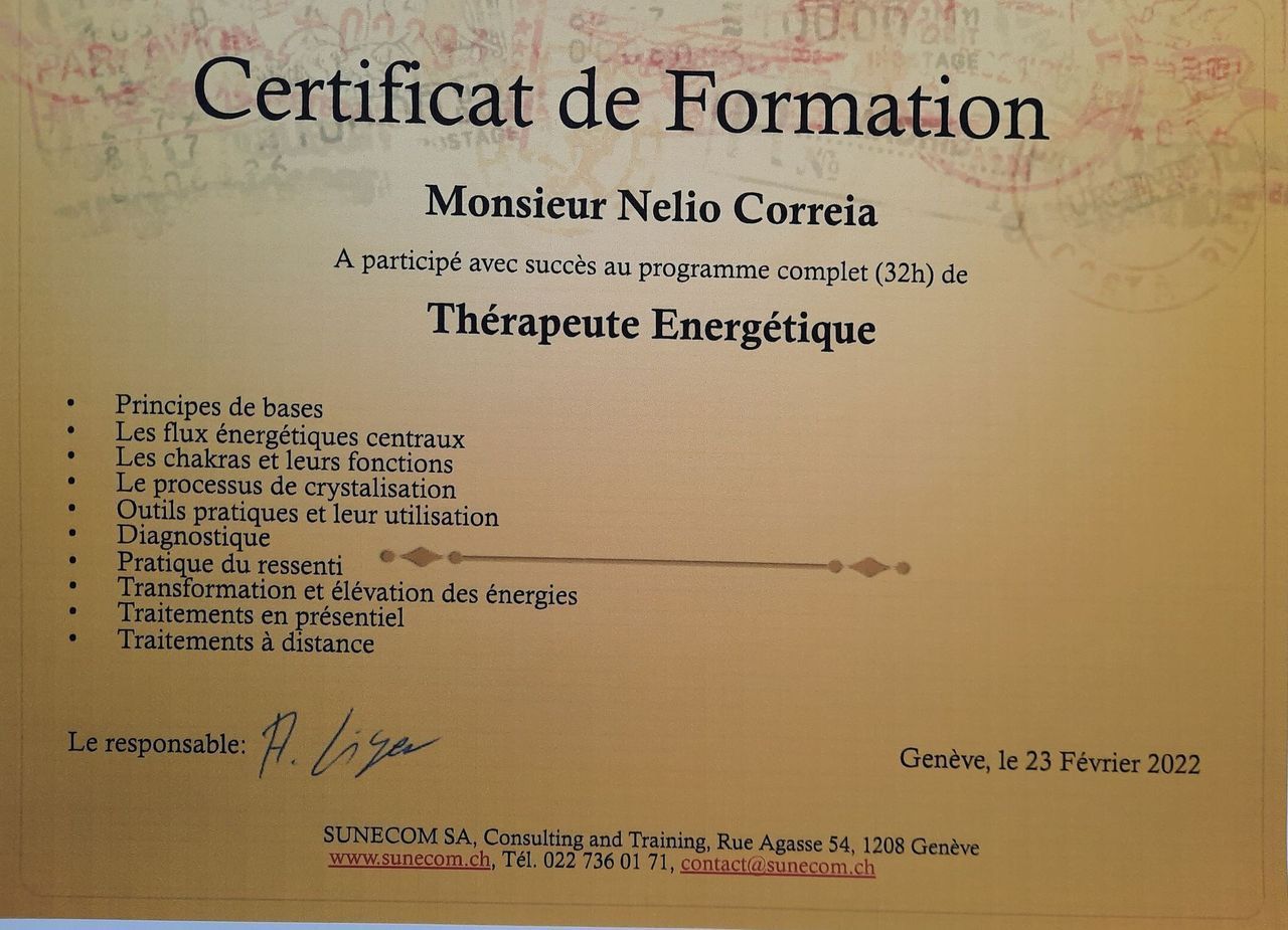 certificat Nelio Correia thérapeute énergetique