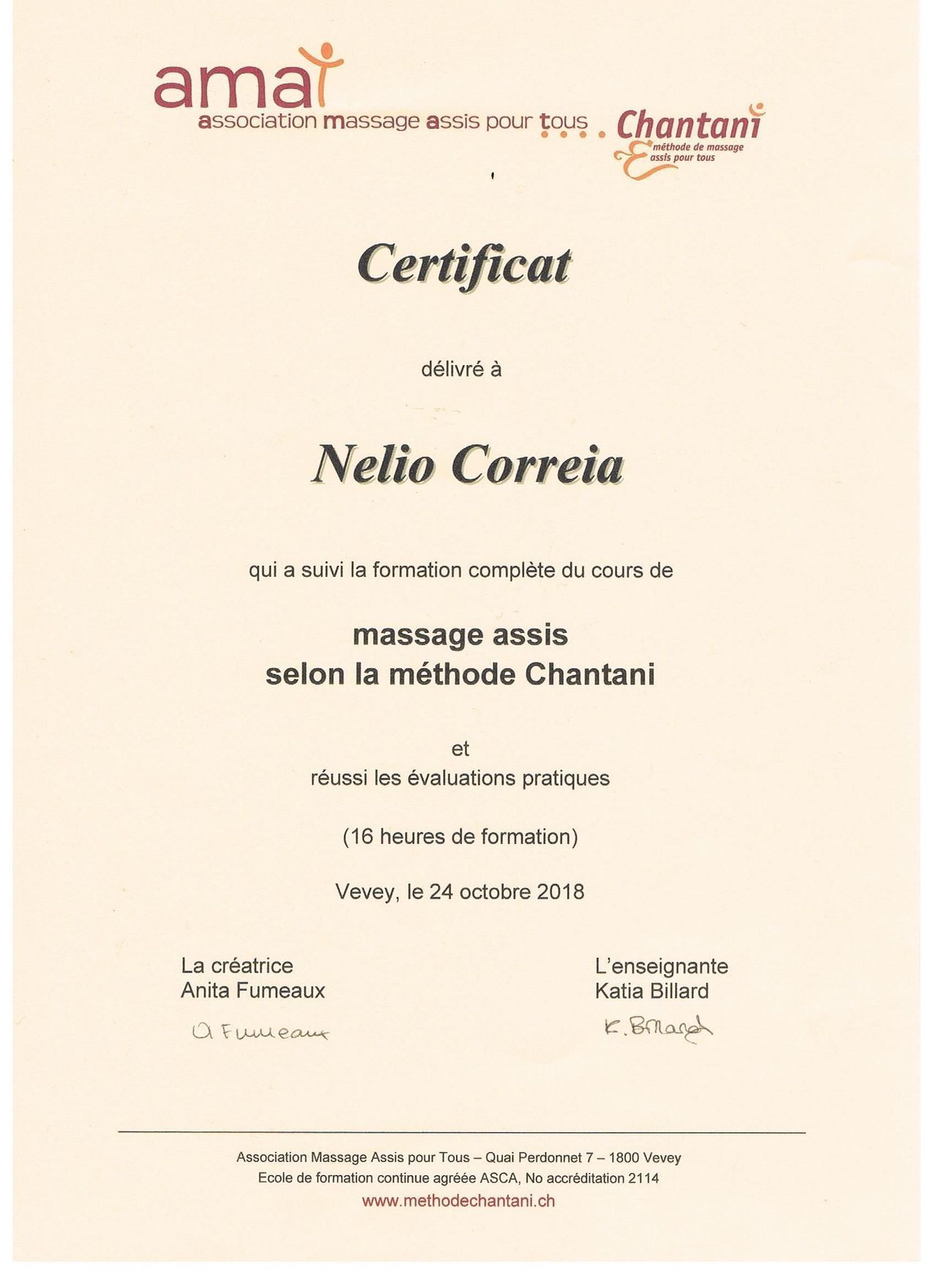 certificat Nelio Correia massage assis
