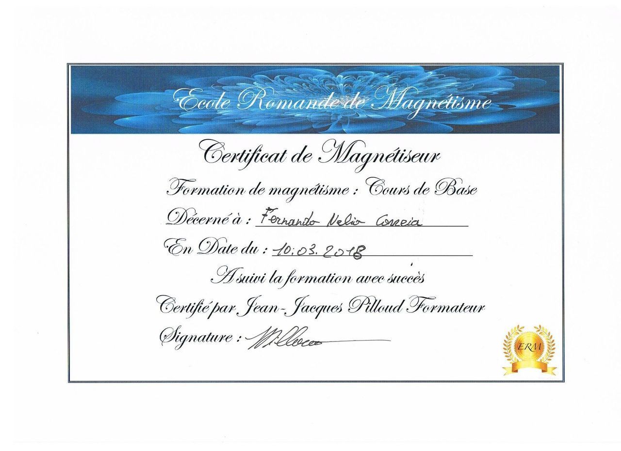 certificat Nelio Correia magnétiseur