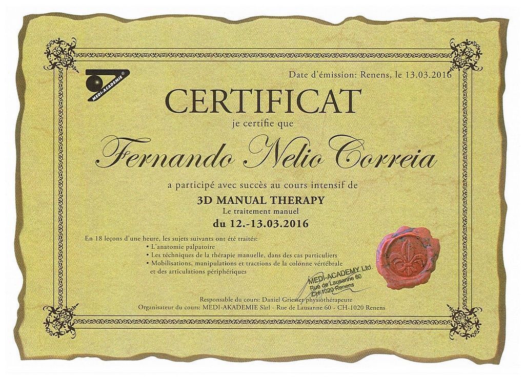 certificat Nelio Correia 3D Manual Therapy