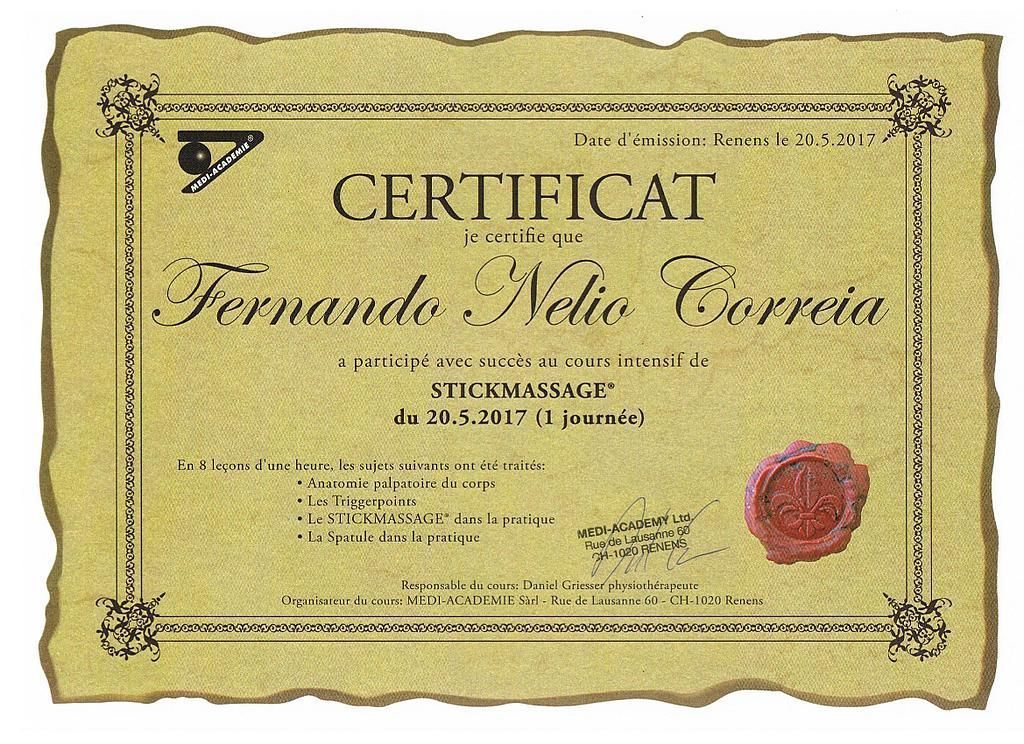 certificat Nelio Correia Stickmassage