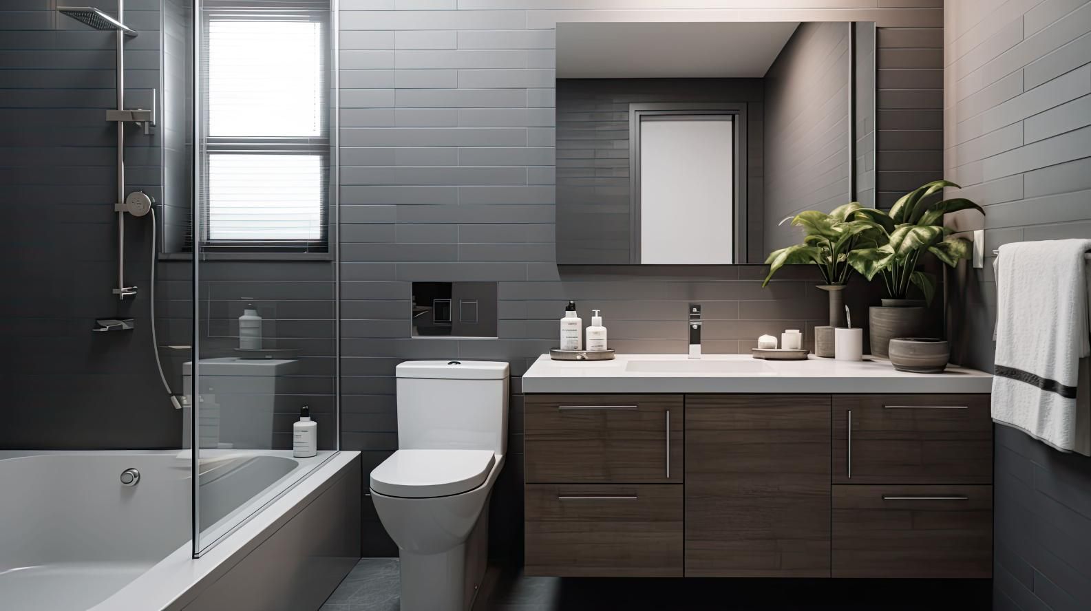 Baño moderno con pared revestida de azulejos oscuros, tocador de madera, inodoro suspendido y bañera-ducha