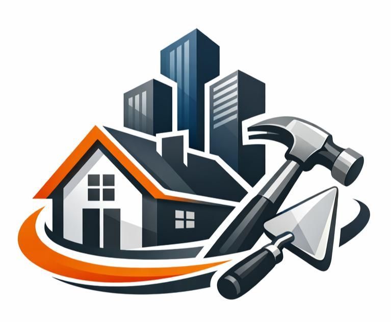 Una casa estilizada y rascacielos combinados con un martillo y una paleta, utilizando tonos azules, blancos y naranjas.