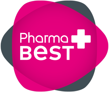 Logo Pharma Best : texte blanc sur une forme rose avec une croix blanche, superposée à une forme grise.