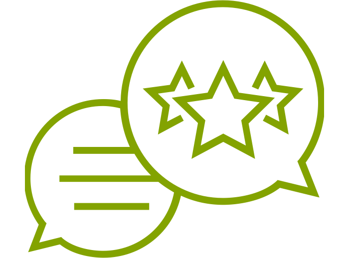 Deux bulles de dialogue vertes : l'une avec trois étoiles, l'autre avec des lignes horizontales.