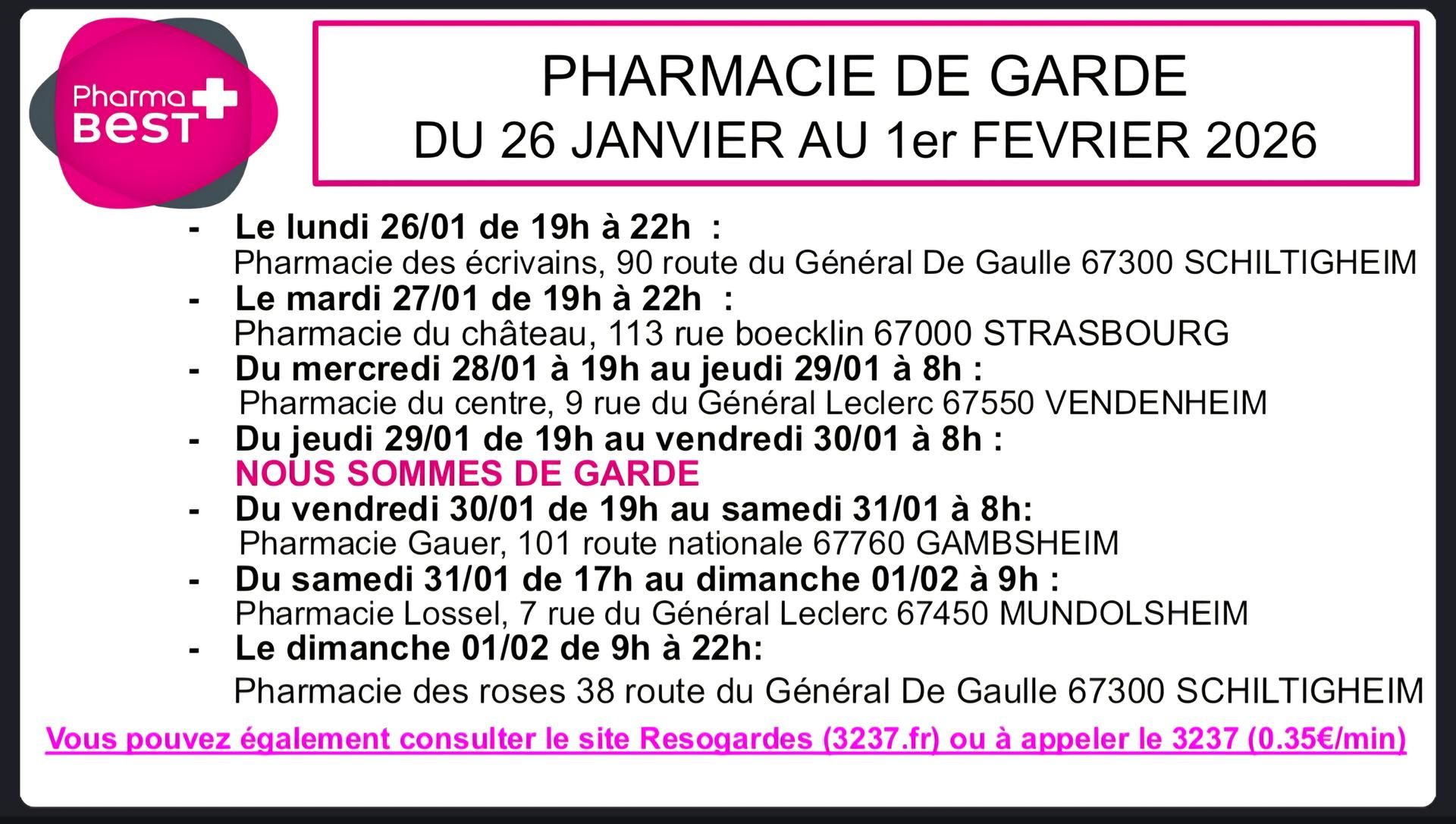Horaires des pharmacies du 1er au 7 décembre 2025. Liste des pharmacies et leurs horaires d'ouverture.