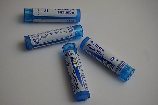 Quatre tubes de médicament homéopathique bleus et blancs étiquetés « Agaricus muscarius 9 CH » sur une surface blanche.