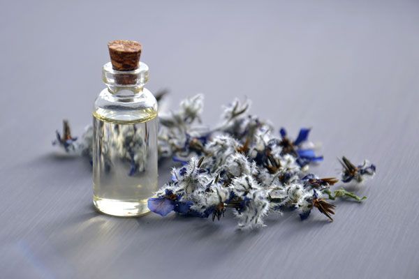 Petite bouteille d'huile en verre à côté de fleurs bleues séchées, posée sur une surface grise.