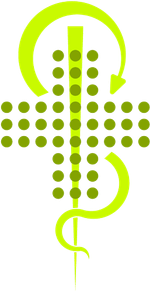 Aiguille d'acupuncture verte inscrite dans une croix, avec des points et des fl&egrave;ches en boucle.