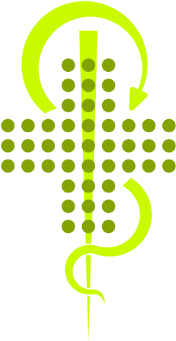 Aiguille d'acupuncture verte inscrite dans une croix, avec des points et des fl&egrave;ches en boucle.