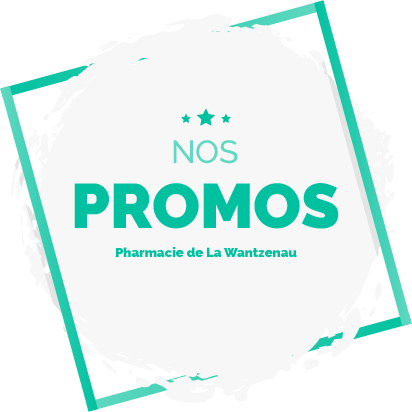 Visuel publicitaire pour la Pharmacie de La Wantzenau. On y voit le texte « NOS PROMOS » en vert sur un cercle blanc, encadré de vert.
