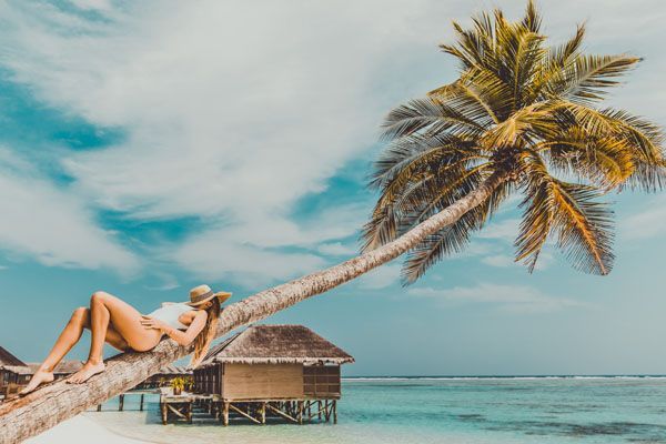 Une femme en bikini prend un bain de soleil sur un palmier penché au bord de l'océan, avec une hutte au toit de chaume et un ciel bleu.