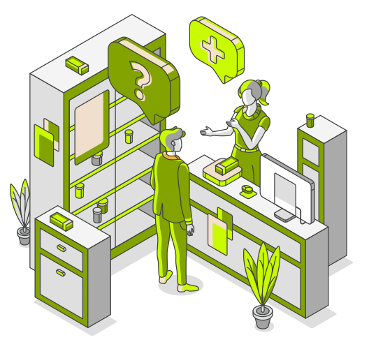 Vue isométrique d'une pharmacie avec un client qui parle au pharmacien, une bulle de dialogue avec un point d'interrogation au-dessus du client.