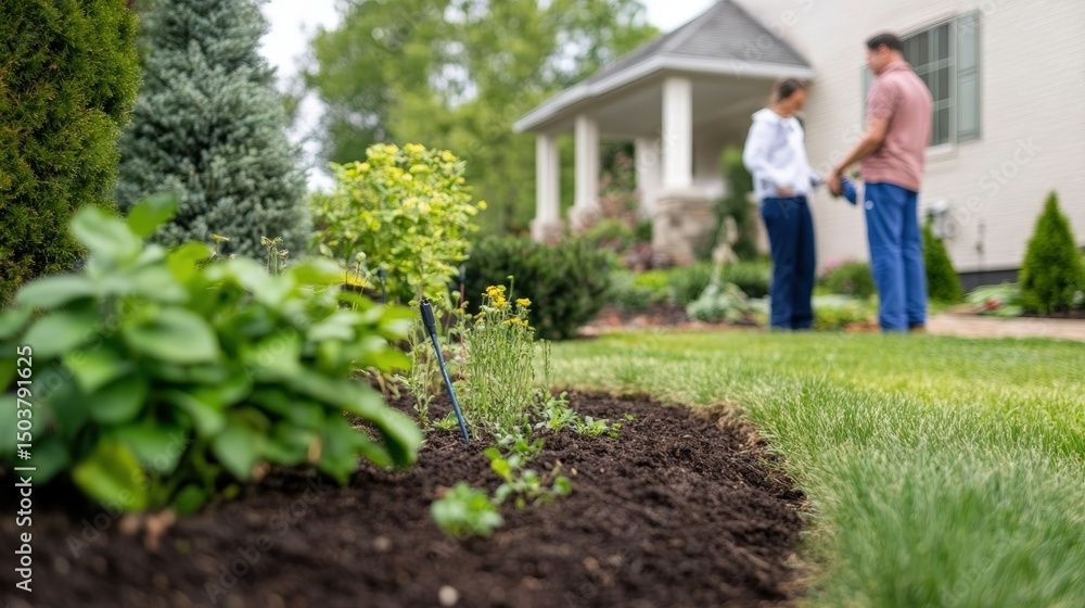Deux personnes se tiennent près d'une maison et discutent du jardin, à côté d'arbustes fraîchement plantés.