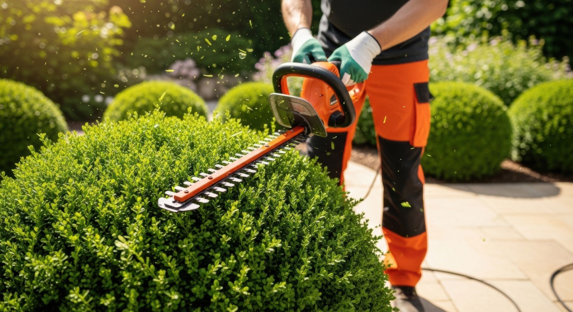 Une personne taille une haie d'un vert éclatant avec un taille-haie électrique orange dans un jardin ensoleillé.