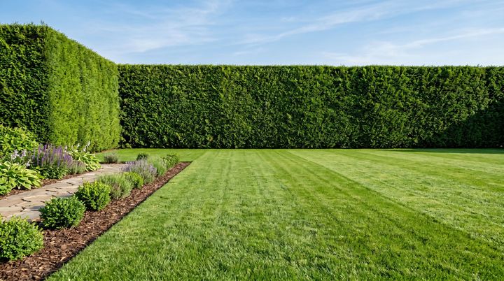 Pelouse verte bien entretenue, bordée de haies et de parterres de fleurs, dans un jardin paysager