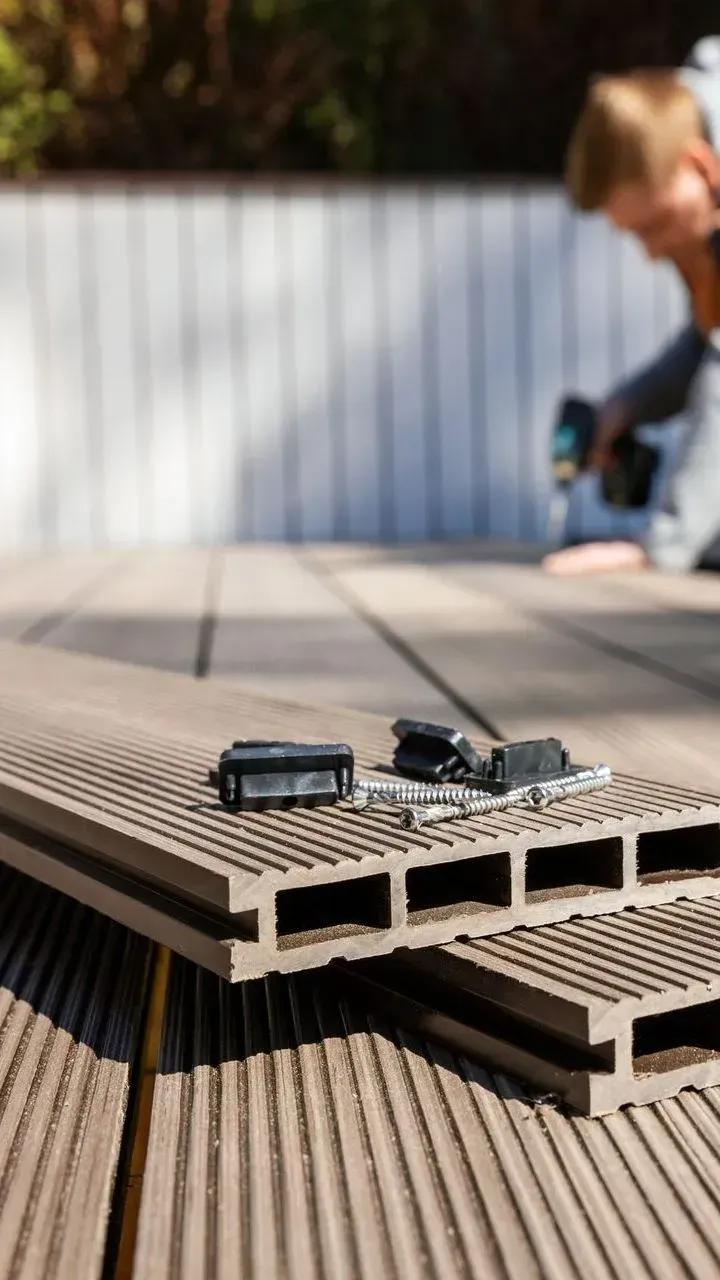 Lames de terrasse composites empilées avec de petits clips sur le dessus, à l'extérieur, avec un ouvrier flou en arrière-plan.