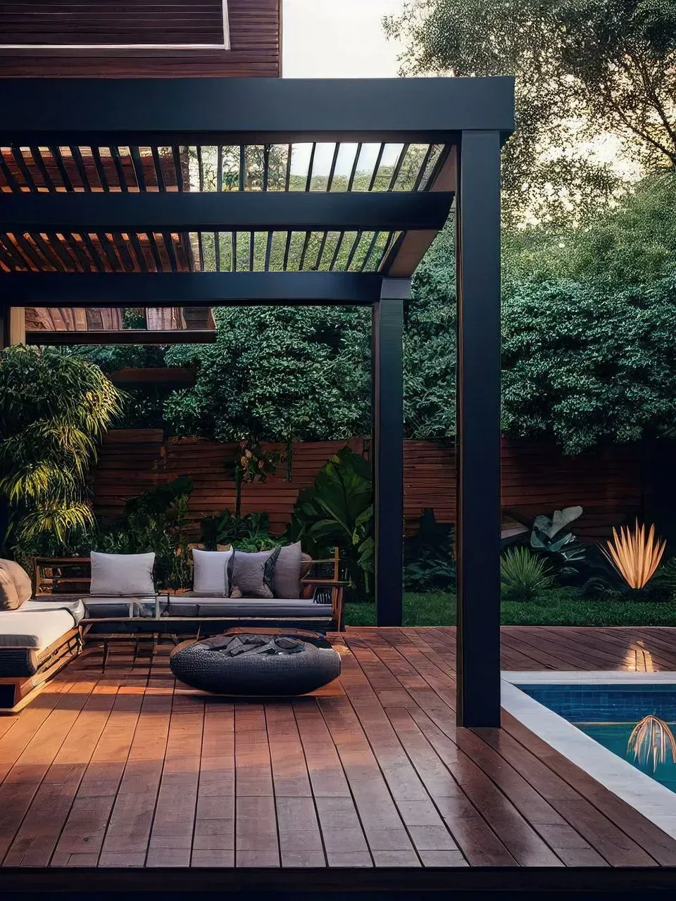 Patio de jardin moderne avec pergola, salon de jardin, foyer et piscine éclairée au crépuscule.