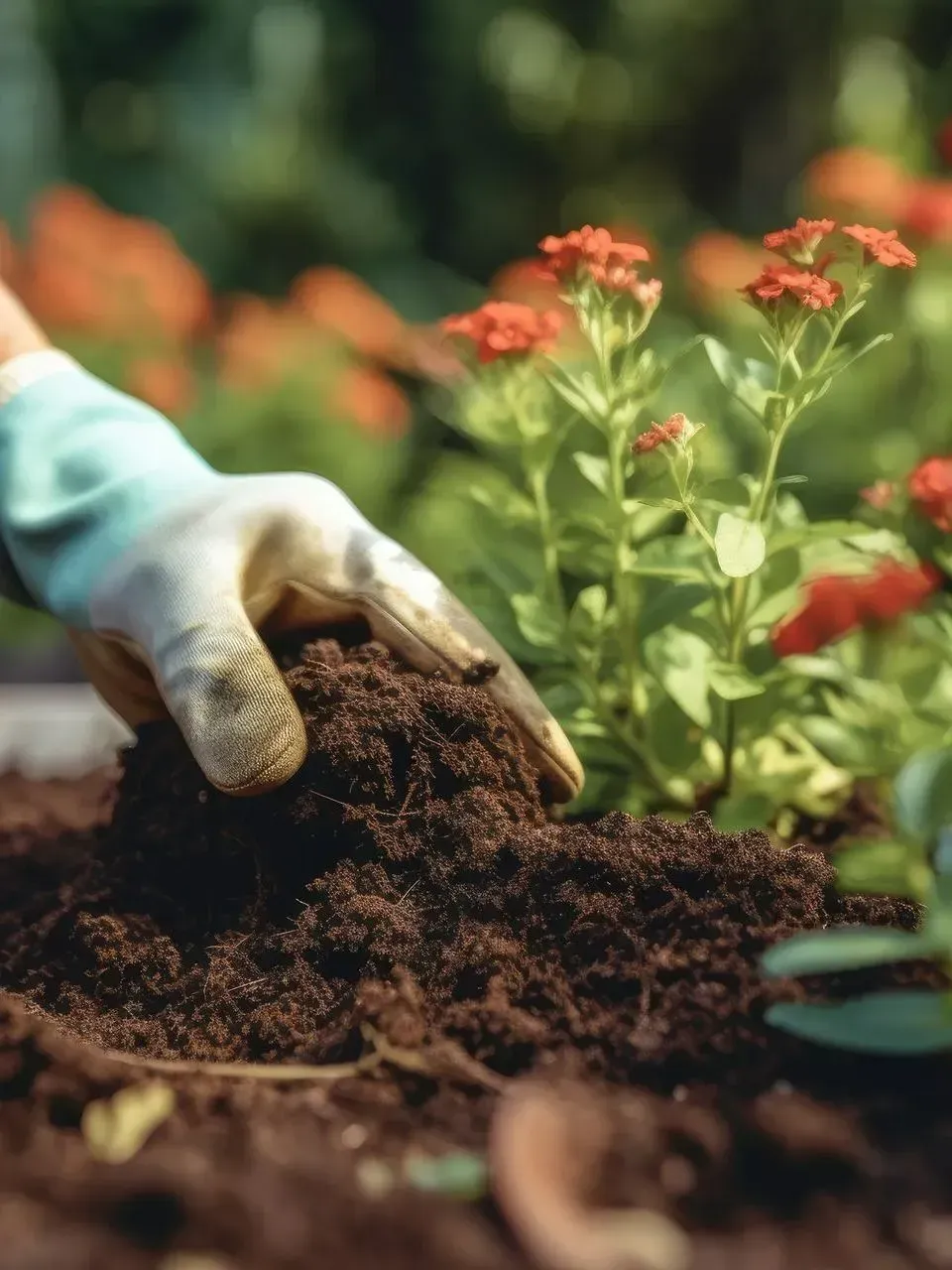 Main gantée plantant de la terre dans un parterre de jardin avec des fleurs rouges épanouies en arrière-plan.