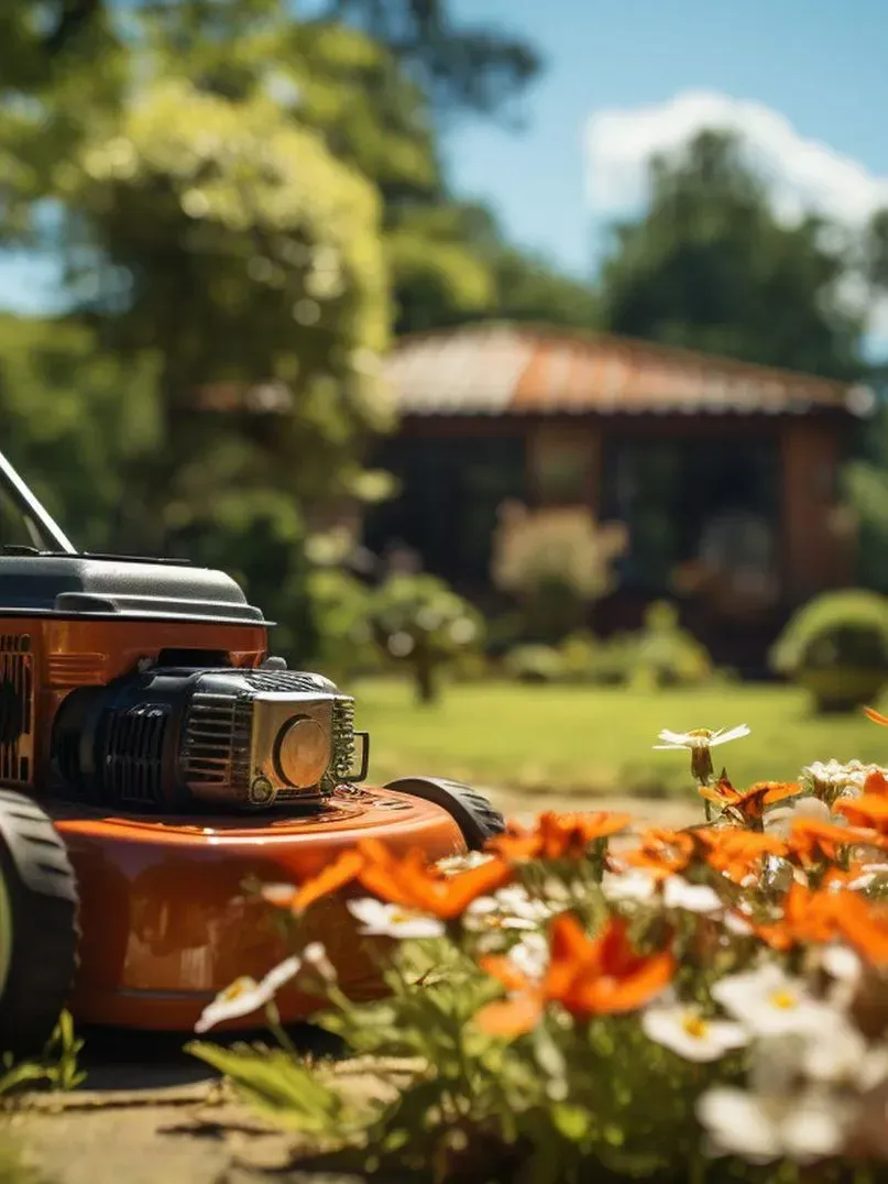 Tondeuse à gazon orange dans un jardin ensoleillé avec des fleurs et une maison en arrière-plan.