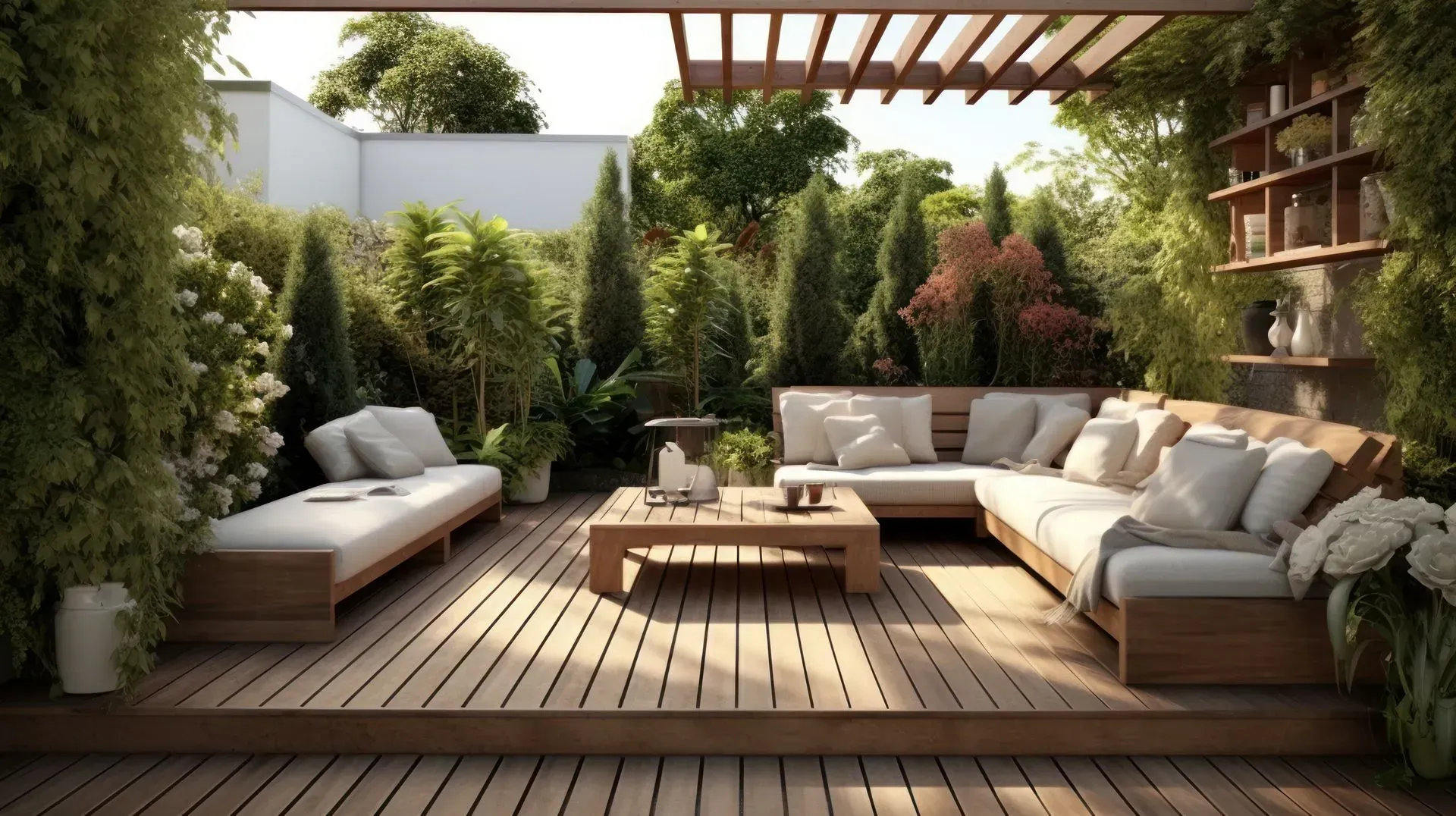 Patio moderne avec canapés en osier, terrasse en bois, table basse et végétation luxuriante sous une pergola.