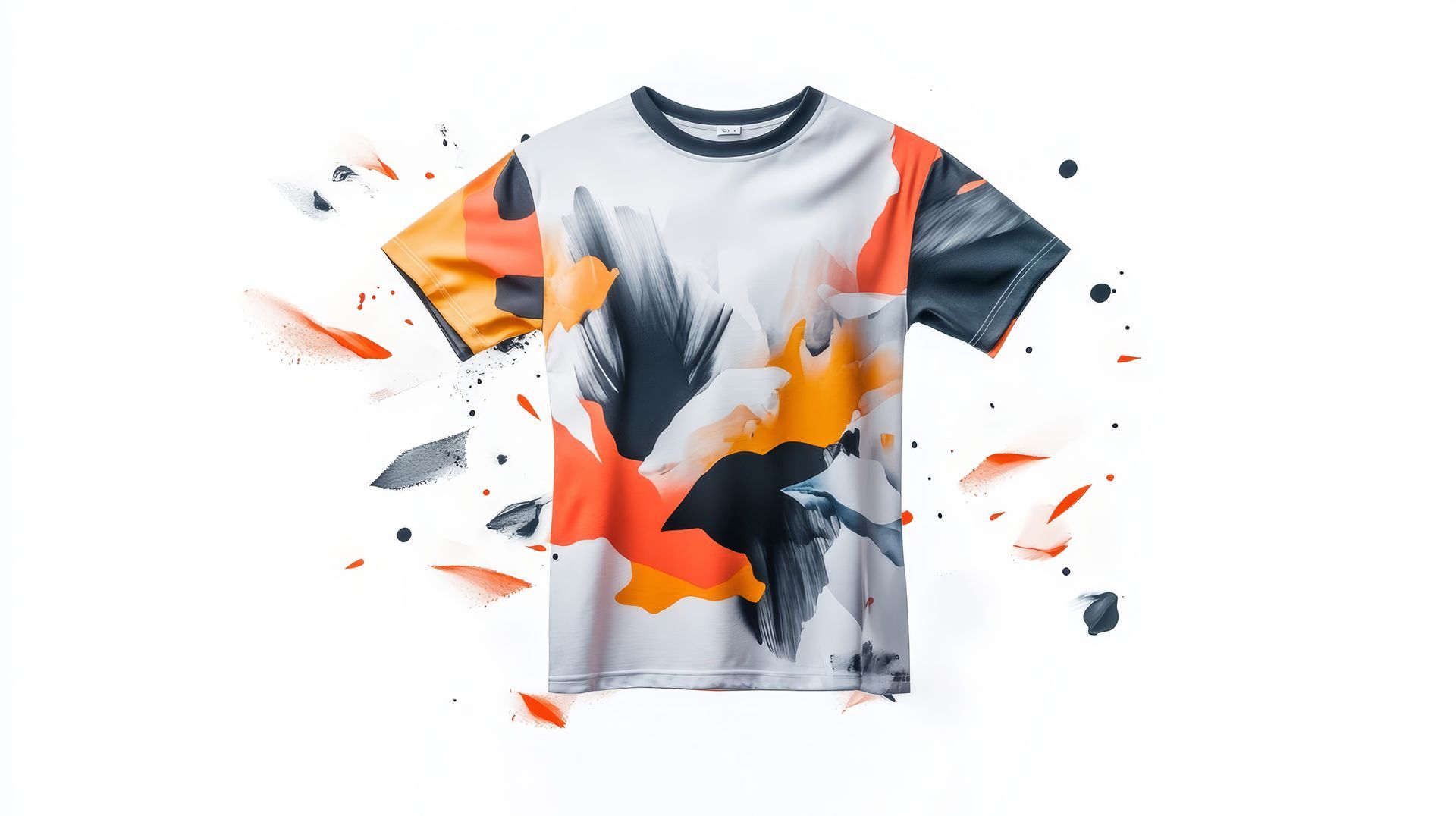 T-shirt blanc orné de coups de pinceau abstraits orange, gris et noirs en impression par sublimation.