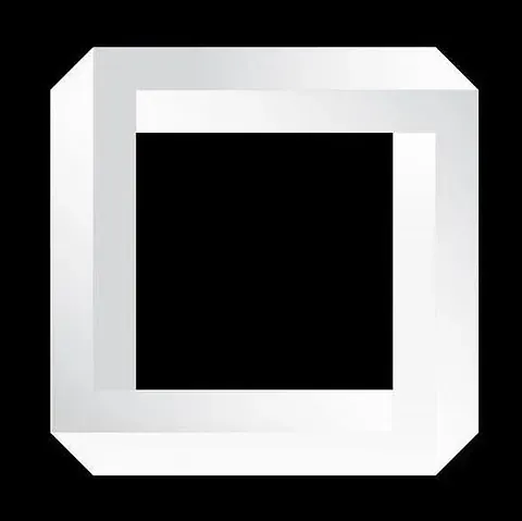 Una forma cuadrada blanca imposible sobre un fondo negro, creando una ilusión óptica.