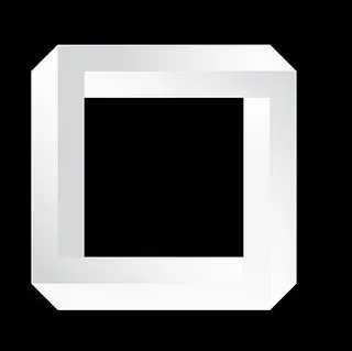 Una forma cuadrada blanca tridimensional imposible sobre un fondo negro.
