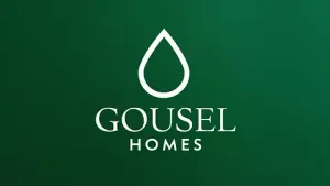 Logotipo para Gousel Homes: lágrima blanca sobre el texto 