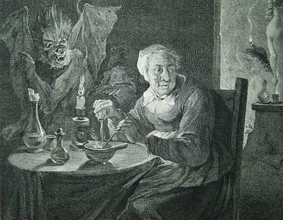 Radierung von Jean Jacques Aliamet aus dem Jahr 1755 mit Hexe und Dämon