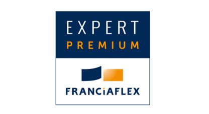 Logo pour Franciaflex Expert Premium. Forme rectangulaire bleue et orange. Le texte comprend EXPERT PREMIUM et FRANCIAFLEX.